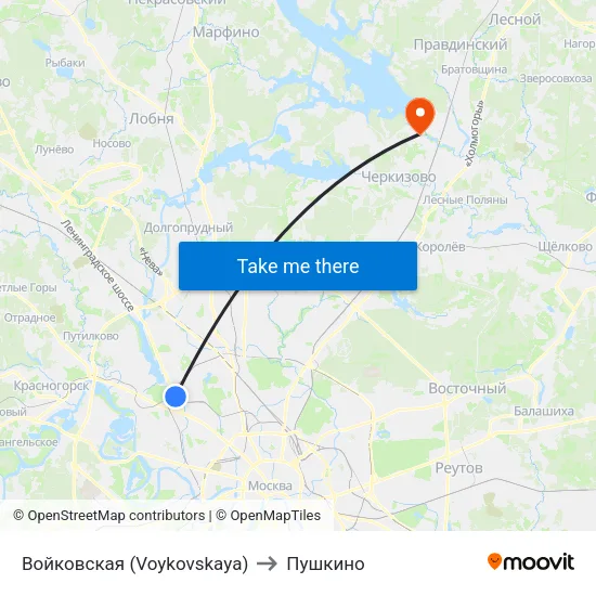 Войковская (Voykovskaya) to Пушкино map