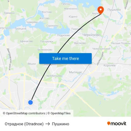 Отрадное (Otradnoe) to Пушкино map