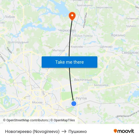Новогиреево (Novogireevo) to Пушкино map