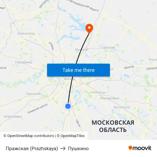 Пражская (Prazhskaya) to Пушкино map