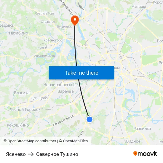 Ясенево to Северное Тушино map