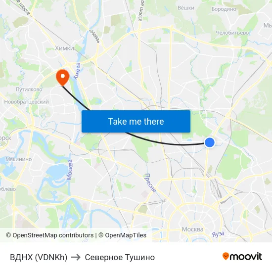 ВДНХ (VDNKh) to Северное Тушино map