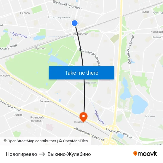 Новогиреево to Выхино-Жулебино map