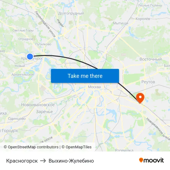 Красногорск to Выхино-Жулебино map