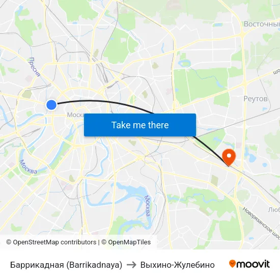 Баррикадная (Barrikadnaya) to Выхино-Жулебино map