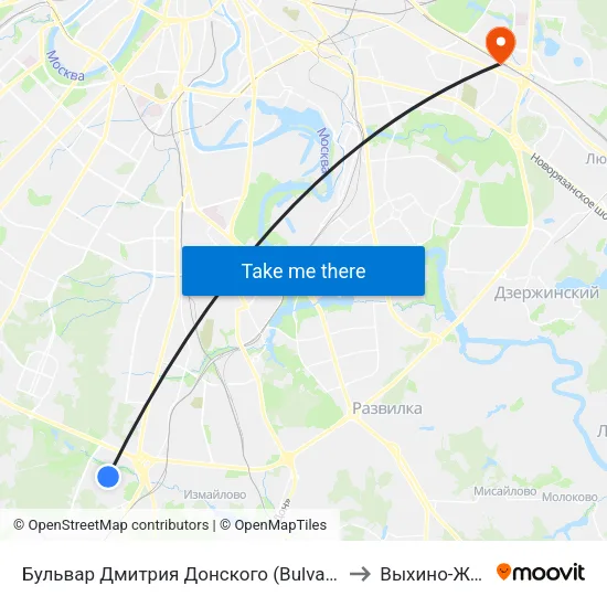 Бульвар Дмитрия Донского (Bulvar Dmitriya Donskogo) to Выхино-Жулебино map