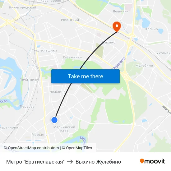Метро "Братиславская" to Выхино-Жулебино map