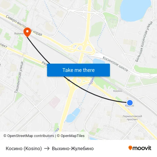 Косино (Kosino) to Выхино-Жулебино map