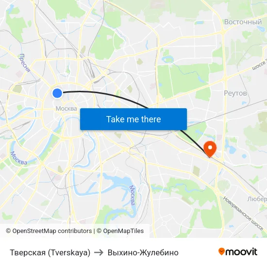 Тверская (Tverskaya) to Выхино-Жулебино map