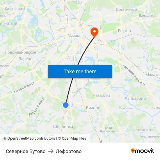 Северное Бутово to Лефортово map