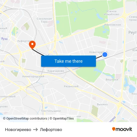 Новогиреево to Лефортово map