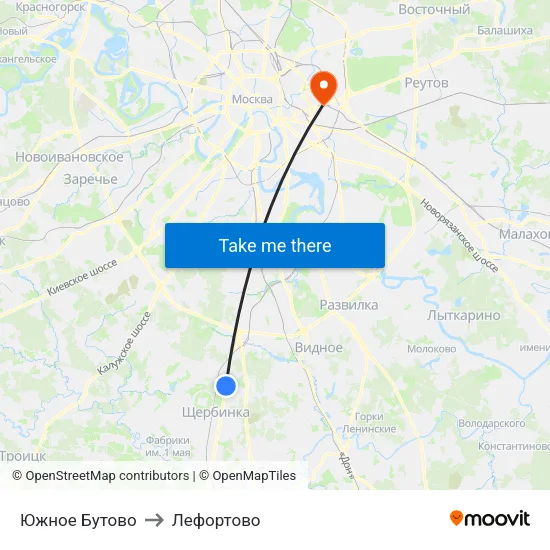 Южное Бутово to Лефортово map