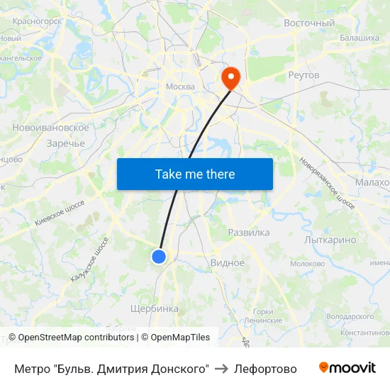 Метро "Бульв. Дмитрия Донского" to Лефортово map