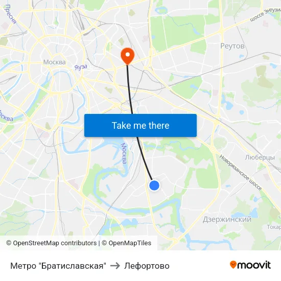 Метро "Братиславская" to Лефортово map