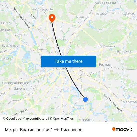 Метро "Братиславская" to Лианозово map