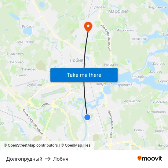 Долгопрудный to Лобня map