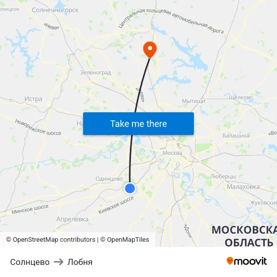 Солнцево to Лобня map
