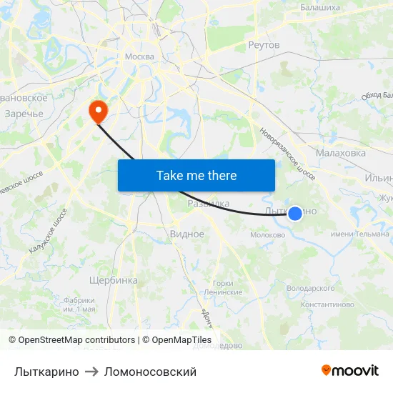 Лыткарино to Ломоносовский map