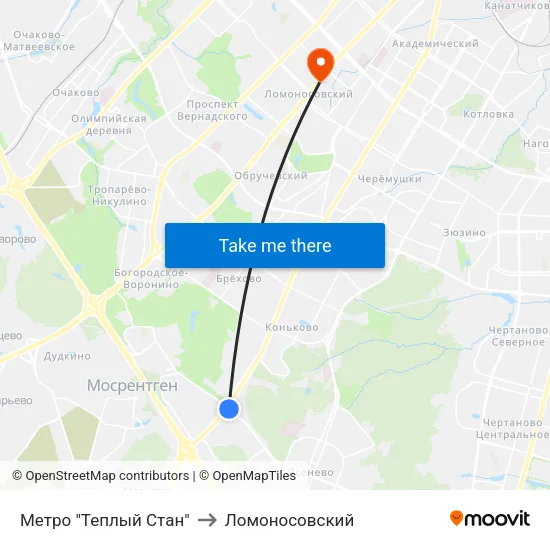 Метро "Теплый Стан" to Ломоносовский map