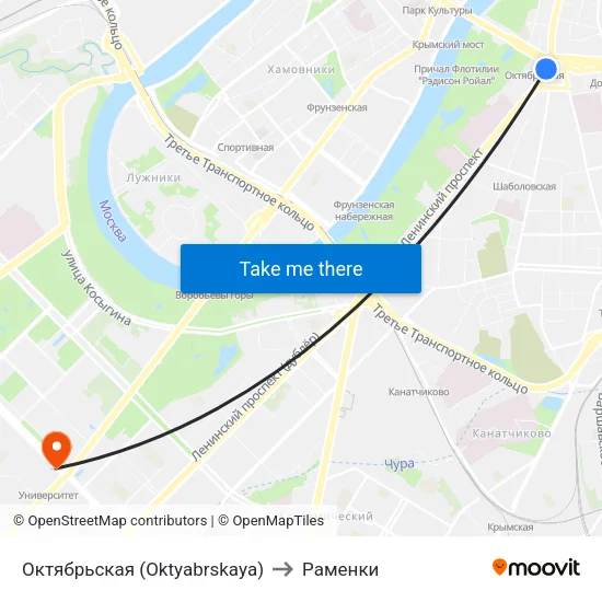 Октябрьская (Oktyabrskaya) to Раменки map