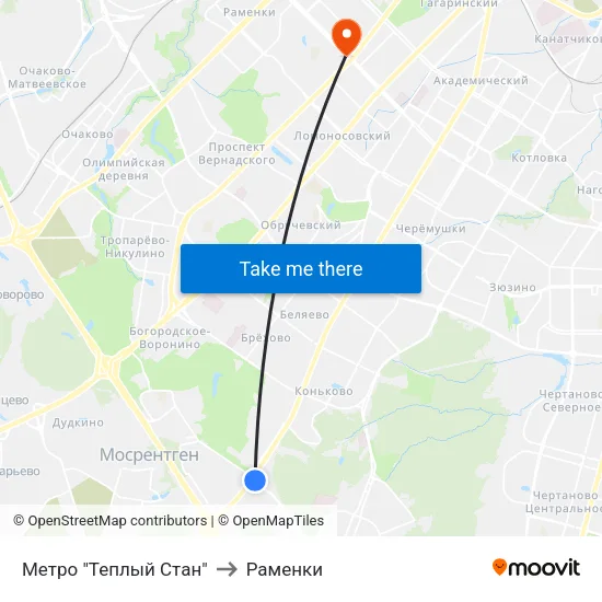 Метро "Теплый Стан" to Раменки map