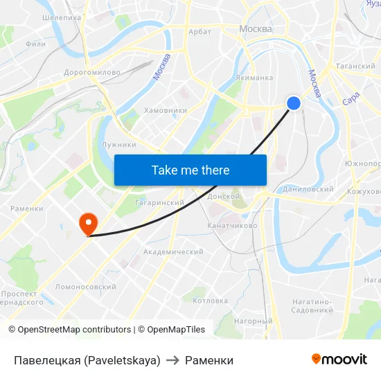 Павелецкая (Paveletskaya) to Раменки map