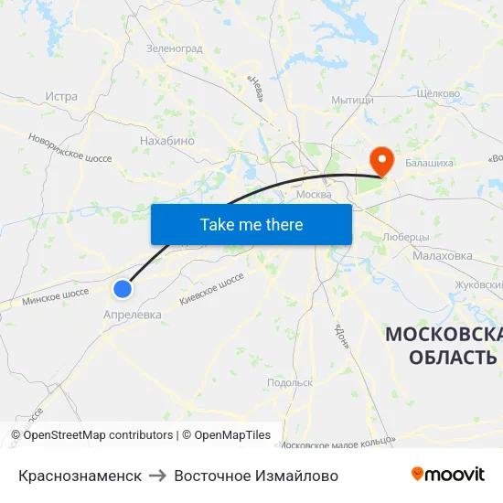 Краснознаменск to Восточное Измайлово map
