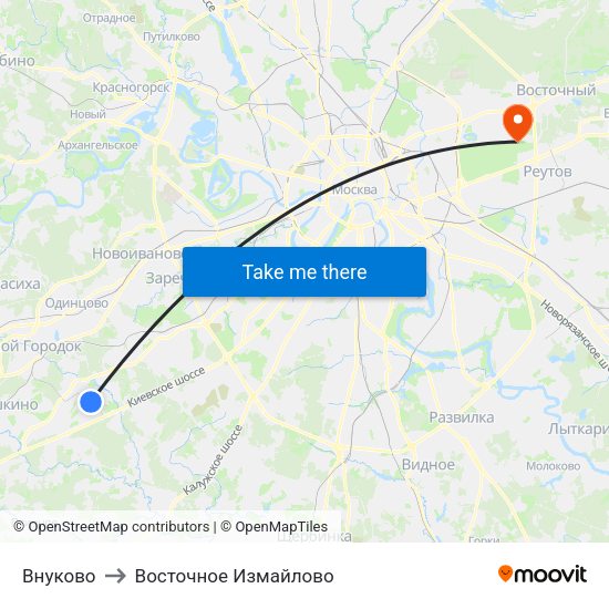 Внуково to Восточное Измайлово map