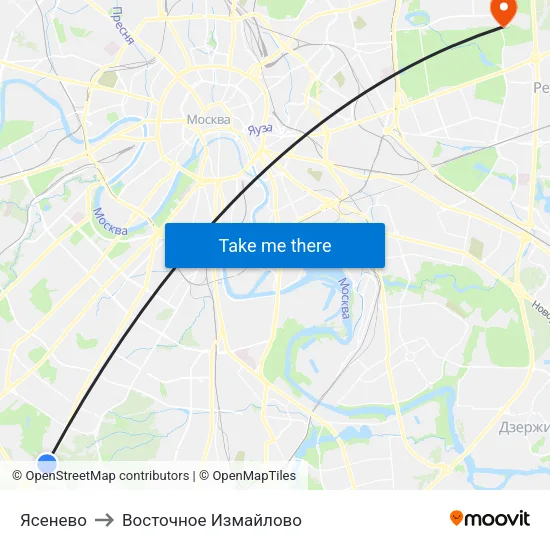 Ясенево to Восточное Измайлово map