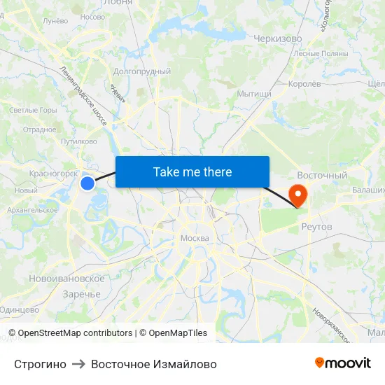 Строгино to Восточное Измайлово map