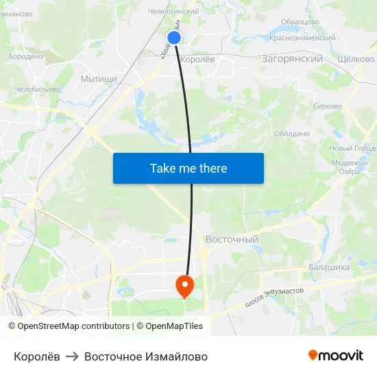 Королёв to Восточное Измайлово map