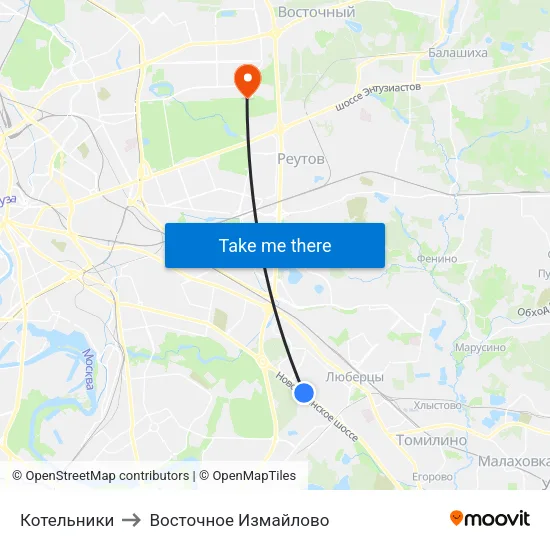 Котельники to Восточное Измайлово map