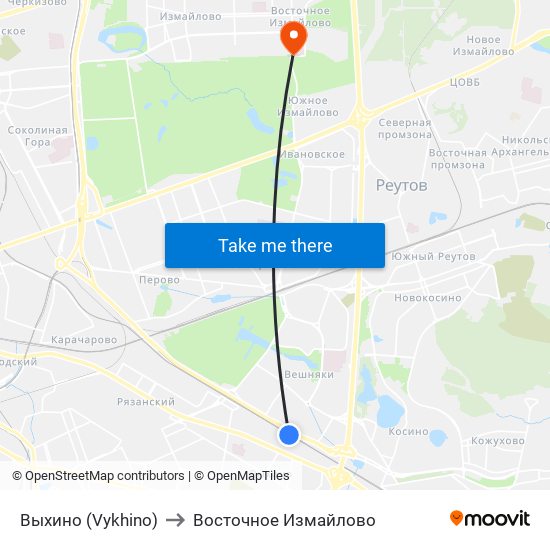 Выхино (Vykhino) to Восточное Измайлово map