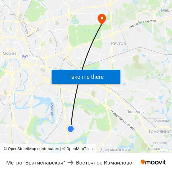 Метро "Братиславская" to Восточное Измайлово map