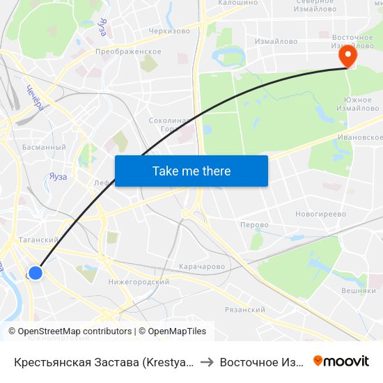 Крестьянская Застава (Krestyanskaya Zastava) to Восточное Измайлово map