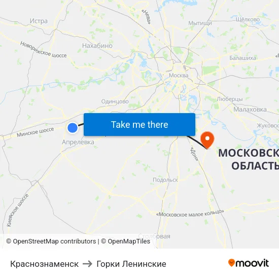 Краснознаменск to Горки Ленинские map