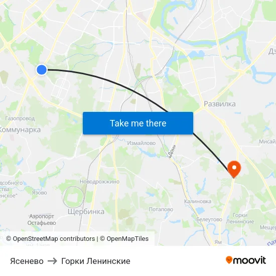 Ясенево to Горки Ленинские map