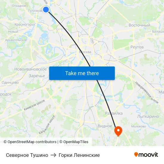Северное Тушино to Горки Ленинские map
