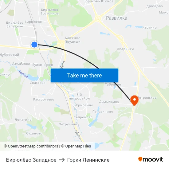 Бирюлёво Западное to Горки Ленинские map
