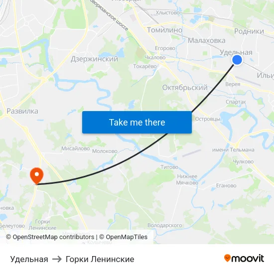 Удельная to Горки Ленинские map