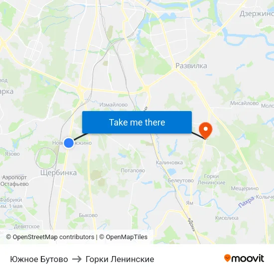 Южное Бутово to Горки Ленинские map