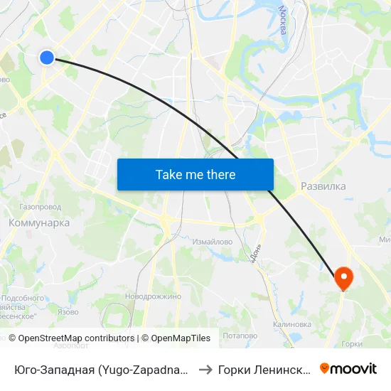 Юго-Западная (Yugo-Zapadnaya) to Горки Ленинские map