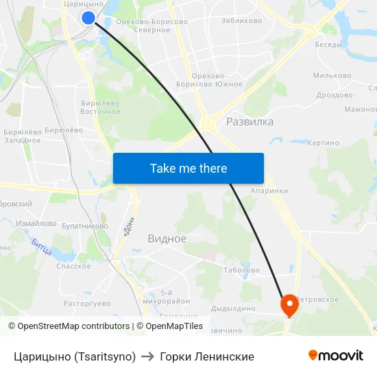 Царицыно (Tsaritsyno) to Горки Ленинские map