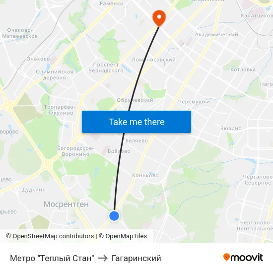 Метро "Теплый Стан" to Гагаринский map