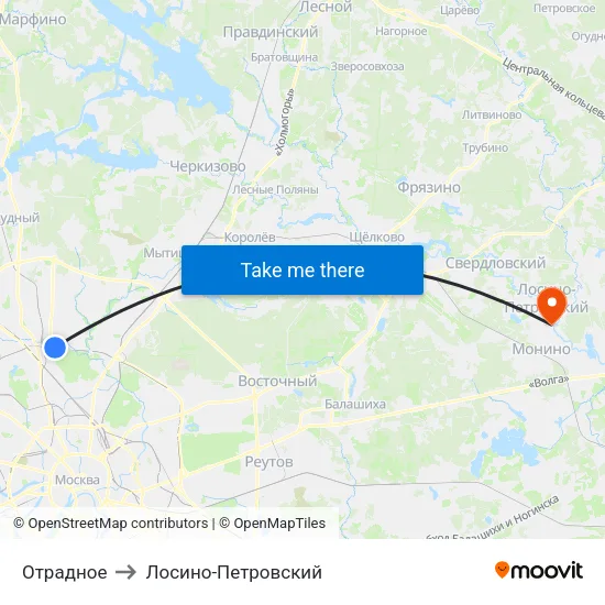 Отрадное to Лосино-Петровский map
