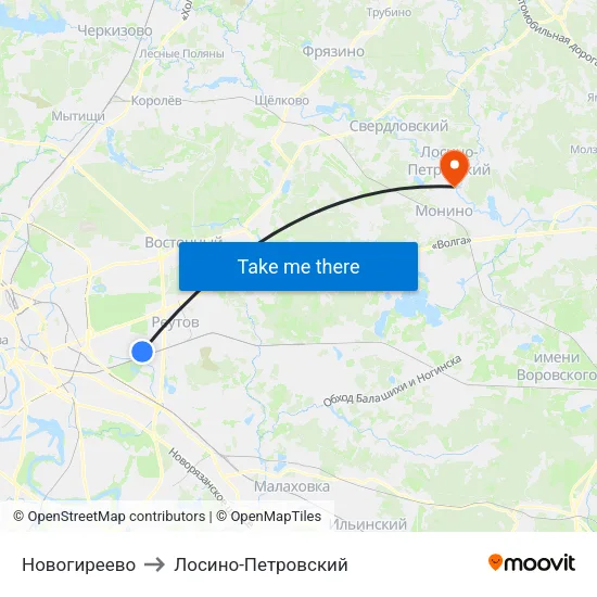 Новогиреево to Лосино-Петровский map