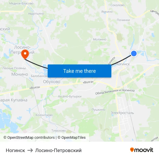Ногинск to Лосино-Петровский map