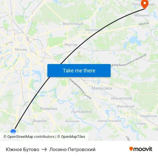 Южное Бутово to Лосино-Петровский map
