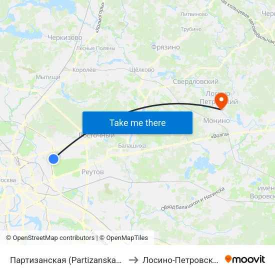 Партизанская (Partizanskaya) to Лосино-Петровский map