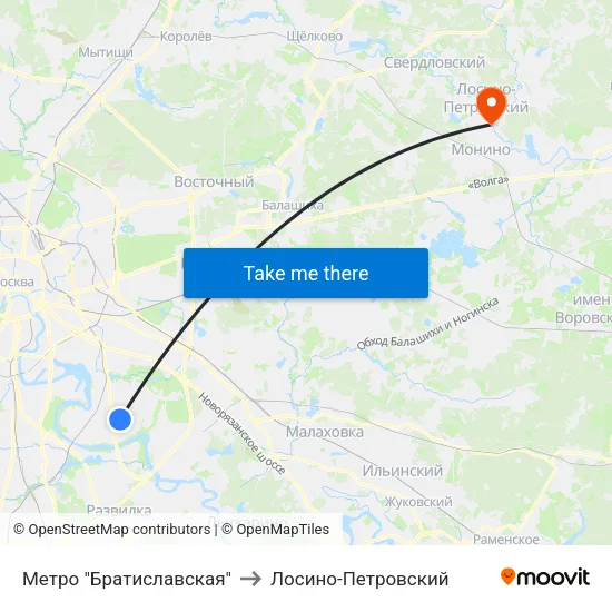 Метро "Братиславская" to Лосино-Петровский map